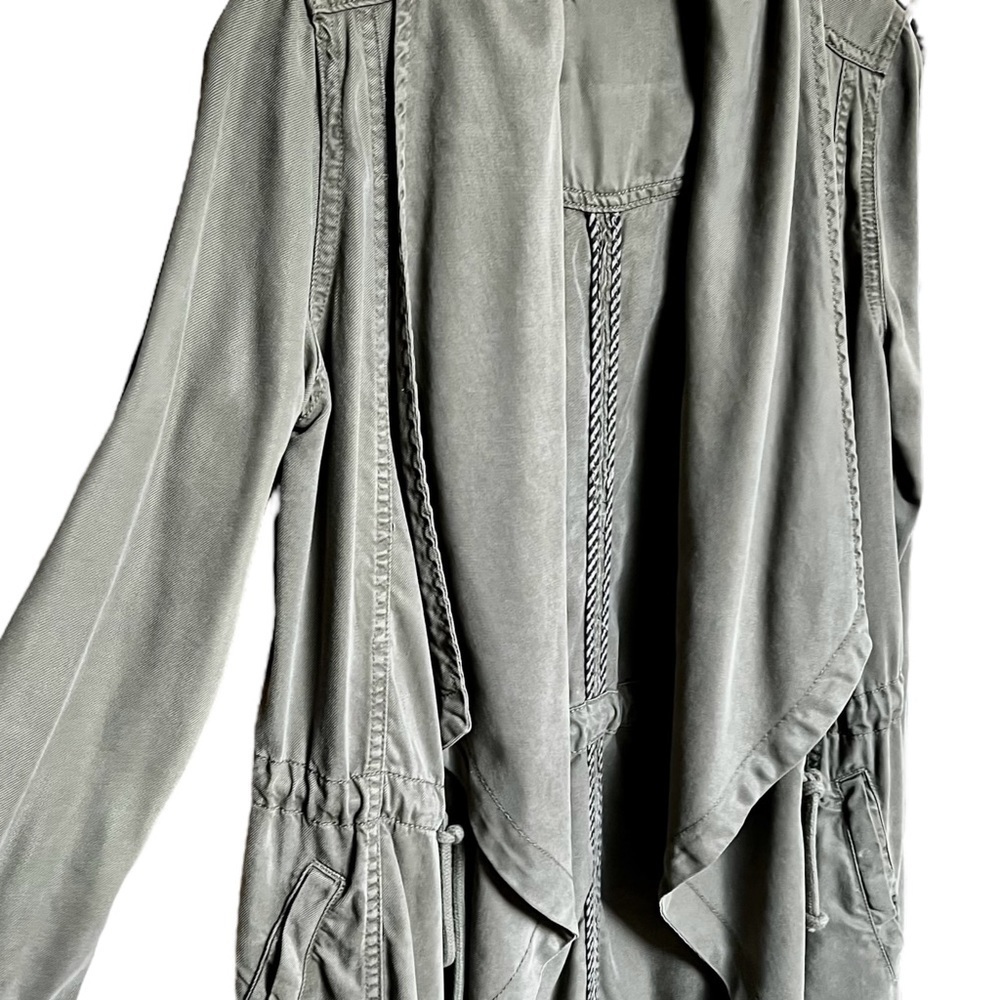 Max Jeans Army Green Utility Jacket Long Lined Draped Drawstring Waist Pocket XS - Picture 5 of 15